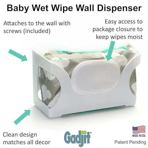 Gadjit Baby Wet Wipes, Hand Wipes Wall Dispenser | Mounts on a Wall and Holds Up to an 84 Count Pack of Wipes | Keeps Wipes Always Within Easy Reach of Messes (White)
