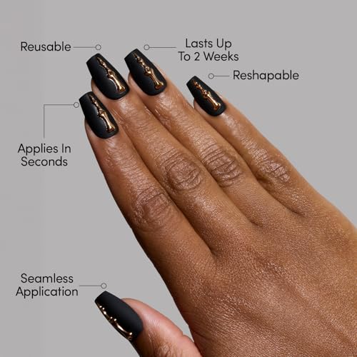Glamnetic Press On Nails - Rosy Remains | Charcoal Gray 3D Skeleton Medium Coffin Fake Nails with Matte Finish, Salon Quality Halloween Nails | 15 Sizes - 30 Nail Kit with Glue