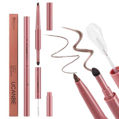 UCANBE 3-In-1 Eyebrow Makeup Pencil: Triangle Retractable Definer Eyebrow Pen, Waterproof Brow Gel And Fills Eye Brow Powder, Create Natural Brows(02 Medium Brown)