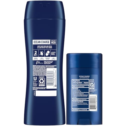 Suave Men’s 2-in-1 Shampoo and Conditioner, Ocean Charge + Antiperspirant Deodorant for Men, Ocean Charge, 48H Sweat & Odor Protection (2 Piece Set)