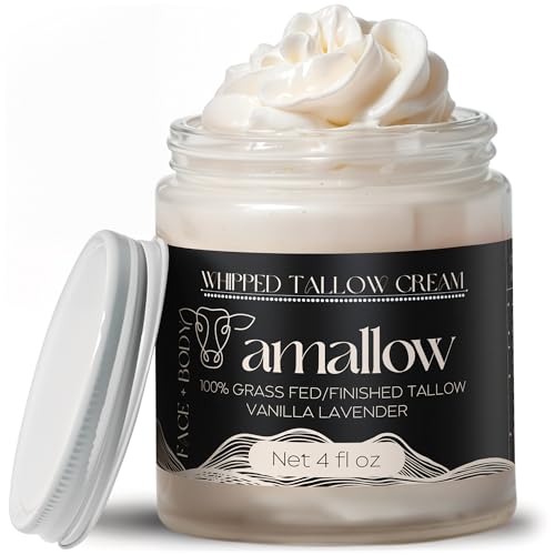 Amallow 100% Grass Fed Beef Tallow for Skin Care - Face + Body - Whipped Moisturizer - Natural Lotion, 4 FL. oz. (Vanilla Lavender)