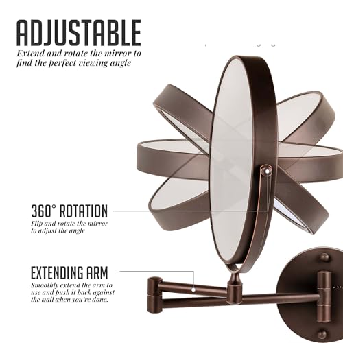 OVENTE 9 Wall Mounted Makeup Mirror with 1X/10X Magnification, Double Sided Magnifying Round Bathroom Vanity Mirror, 360° Swivel Design, Extendable and Folding Arm, Antique Bronze MNLFW90ABZ1X10X