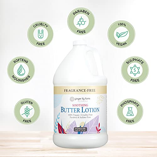 Ginger Lily Farms Botanicals Soothing Butter Lotion for Dry, Sensitive Skin, 100% Vegan & Cruelty-Free, Fragrance Free, 1 Gallon (128 fl oz) Refill (pack of 1)