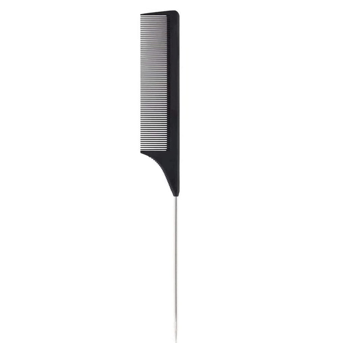 1 Pack Professional Carbon Steel Tail Combs Heat Resistant with Metal Pick, Anti Static Black Styling Rat Tail Hair Comb Fine Teeth, Metal Pintail Teasing Comb Brush