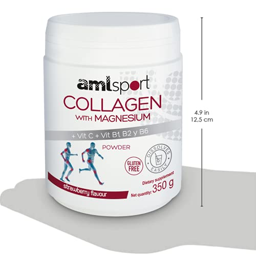 AML Sport - Collagen with Magnesium + VIT C, B1, B2 and B6 Powder - 350g (Strawberry Flavour). Tissue Regenerator with Type 1 &2 Collagen. Gluten Free. Sugar Free