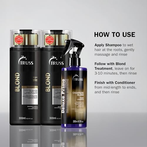 TRUSS Purple Hair Spray & Blonde Toner - Hair Lightening Spray & Reconstructor with Customizable Toning - Deluxe Prime Champagne Blonde - For Brassy, Gray, Bleached, or Blonde Locks (8.79 Oz)
