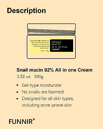 FUNNIR Snail Mucin Moisturizer 92%, Lightweight Moisturing Cream, 100g, Youthful and Radiant Formula, Repair Face Cream for All Skin Types, Skincare Products