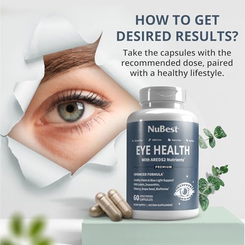 NuBest AREDS 2 Eye Vitamins Eye Health with Beta Carotene Carrot Powder, 20mg Lutein, 4mg Zeaxanthin, Bilberry, Grape Seed, BioPerine, B-Complex, Multivitamin for Eye Health - 60 Vegan Capsules