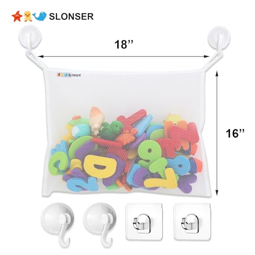 Bath Toy Net 18x16 Inch Kids Bath Tub Toy Holder, Corner Mesh Bag, Baby Bathtub Storage Organizer, Large Bathroom Bucket Bin, Toddler Shower Caddy Hanging Basket, 2 Suction Cups 2 Adhesive Wall Hooks