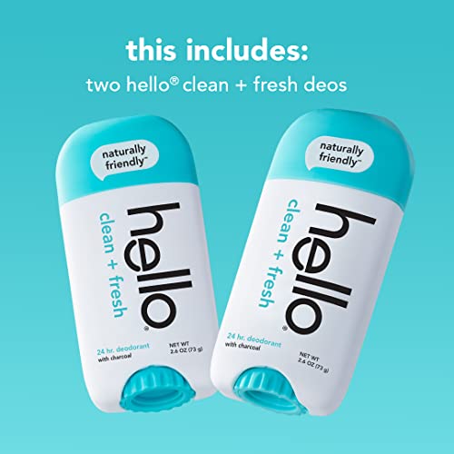 hello Activated Charcoal Fresh and Clean Deodorant for Women + Men, Aluminum Free, Baking Soda Free, Parabens Free, 24 Hour Odor Protection, 2.6 Ounce, 2 Pack