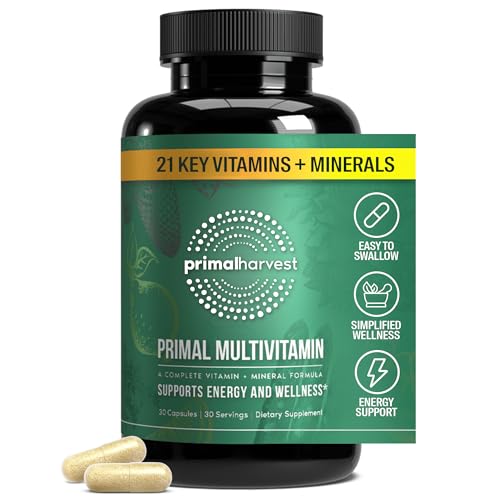 Primal Harvest Primal Multivitamin - Daily Multi-Vitamin Supplement with 21 Essential Vitamins & Minerals for Women & Men - Vitamin A, C, D, E, B12, B6, Biotin, Folic Acid, Zinc, Copper & Selenium