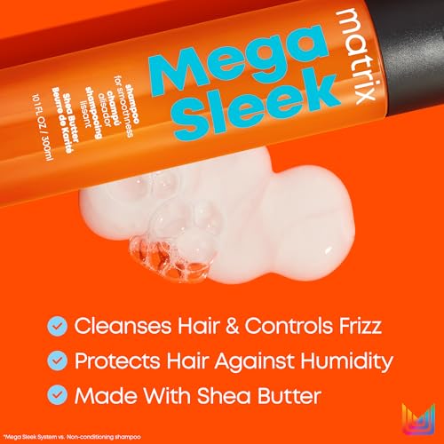 Matrix Mega Sleek Shampoo| Smoothing, Anti-Frizz, Detangling | For Dry, Damaged & Frizzy Hair | Salon Professional Shampoo | With Shea Butter | 10.1 Fl. Oz. | Vegan