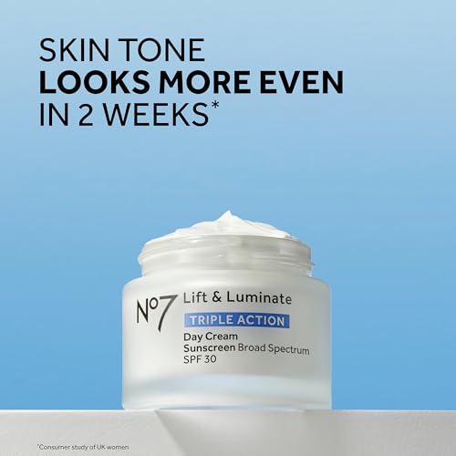No7 Lift & Luminate Triple Action Fragrance Free Day Cream SPF 30 - Broad Spectrum Anti-Aging Face Cream - Hydrating Hibiscus Peptides & Hyaluronic Acid + Brightening Emblica & Vitamin C (1.69 Fl Oz)