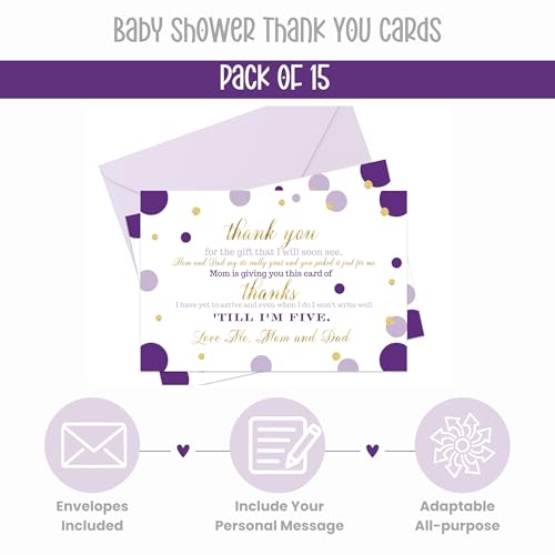 15 Purple and Gold Thank You Cards with Lilac Envelopes -Stationery for Girls Baby Shower Dazzling Abstract Dot
