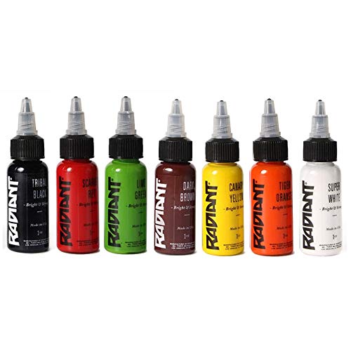 Tattoo Ink Set - Radiant Colors 8 Primary 1oz / Tribal Black / Super White / Blue / Canary Yellow / Dark Brown / Scarlet Red / Tiger Orange / Medium Green