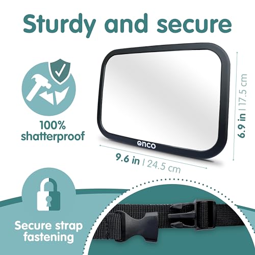 Onco Baby Car Mirror Rear Facing - Double Award-Winning Convex Car Mirror for Baby, 100% Shatterproof & Shakeproof with 360° Rotation, Newborn Essentials (9.6 x 6.9 in)