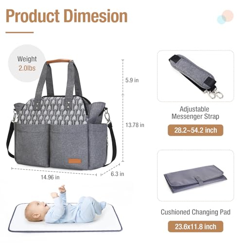Lekebaby Diaper Bag Tote, Large Diaper Bags Waterproof,Large Mommy Bag for Hospital, Baby Bags for Mom Travel Diaper Tote Messenger Purse,Grey, Arrow Print