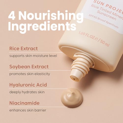 THANKYOU FARMER Sun Project Rice Tinted Mineral Sunscreen SPF40 Broad Spectrum - Korean Face Sunscreen with Zinc Oxide - Tinted SPF with No White Cast, Dermatologist-Tested - 1.69 fl oz