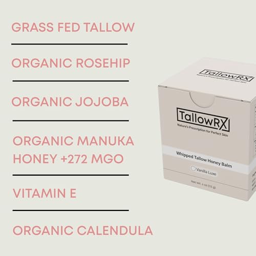 TALLOWRX 100% Grass-Fed Tallow Balm – Pure & Organic Moisturizer for Face & Body – Deep Hydration, Soothing & Skin Moisturizer – Rich in Manuka Honey, Jojoba & Calendula – (4 oz, Vanilla Scented)