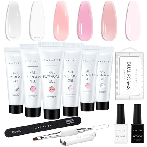 Makartt Poly Nail Gel Kit: 6 Clear Pink White Colors Gel Builder for Gel Nail Extension Set, Long Lasting Hard Gel for Nails Strengther, All in one Nail Thickening Solution Salon Home French Manicure