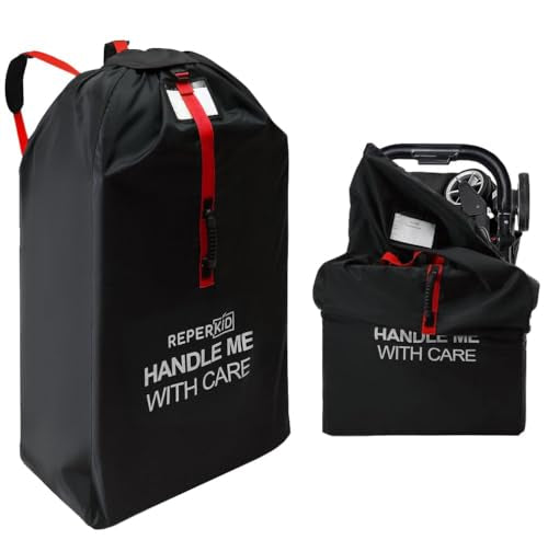 reperkid Large Stroller Bag for Airplane Travel, Black & Red, 47 H x 24 W x 15 D, Fits Most Large, Single, Double, Jogging Strollers – Premium Waterproof Cover, Adjustable Shoulder Straps