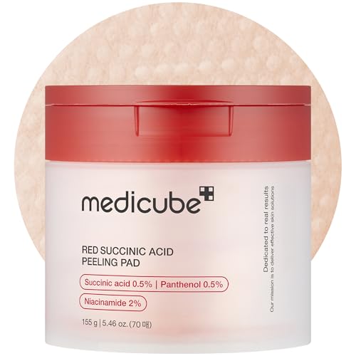 Medicube Red Succinic Acid Panthenol Facial Peeling Pads - Exfoliating Toner Pads for Breakout-Prone Skin with Niacinamide, AHA, BHA, and Soothing Panthenol - Non-Comedogenic