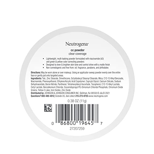 Neutrogena Clear Coverage Color Correcting Powder Makeup Compact, Mattifying CC Powder with Niacinamide & Green & Yellow Powders to Even Tone, Brighten, & Control Shine, Oil-Free, 0.38 oz