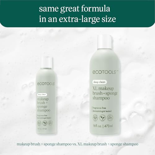 EcoTools XL Makeup Brush + Sponge Shampoo, Removes Makeup, Dirt, & Impurities From Makeup Brushes & Makeup Blending Sponges, Fragrance-Free, Vegan, & Cruelty-Free 16 fl. oz./473 ml, 1 Count, Clear
