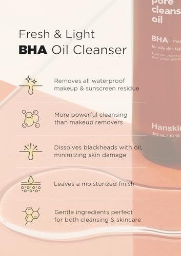 Hanskin BHA Pore Cleansing Oil, Gentle Blackhead Cleanser and Makeup Remover for Combination and Oily Skin, Korean Skincare [BHA/10.14 oz]