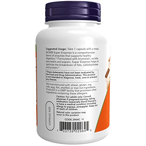 NOW Foods Supplements, Super Enzymes, Formulated with Bromelain, Ox Bile, Pancreatin and Papain,180 Capsules