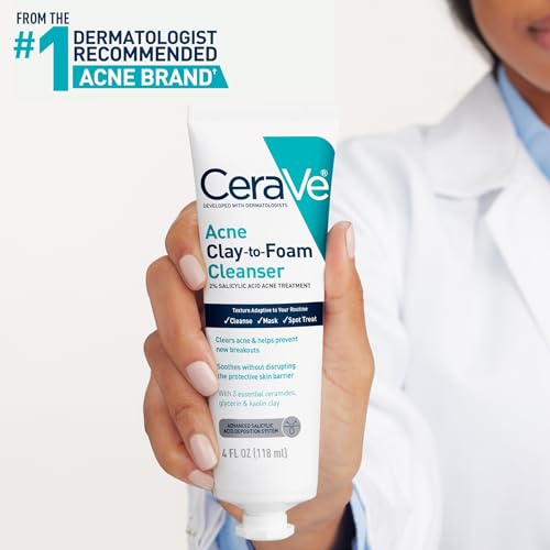 CeraVe Clay To Foam Acne Face Wash, Multi-Use Salicylic Acid & Kaolin Clay Acne Spot Treatment Clears Pimples & Blackheads, Prevents Breakouts, Hydrates & Soothes, Fragrance-Free, Non-Comedogenic, 4oz