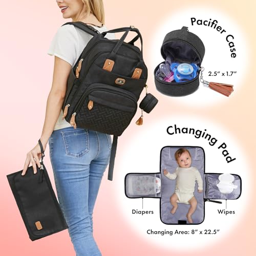Dikaslon Diaper Bag Backpack with Portable Changing Pad, Pacifier Case and Stroller Straps, Large Unisex Baby Bags for Boys Girls, Multipurpose Travel Back Pack Moms Dads, Black