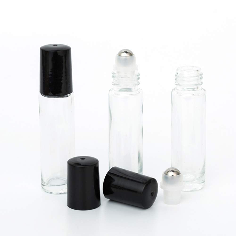 10ml Roller Bottles 12Pack Clear Thick Glass Essential Oil Roller Bottles Stainless Steel Roller Ball with 2 Droppers