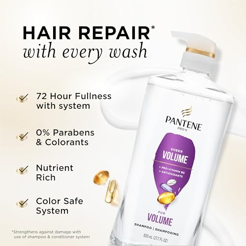 Pantene Shampoo Twin Pack with Hair Treatment, Volumizing Shampoo for Volume & Body, Safe for Color-Treated Fine Hair, 27.7 Fl Oz Each, 2-Pack + Miracle Rescue Shot (0.5 Oz)
