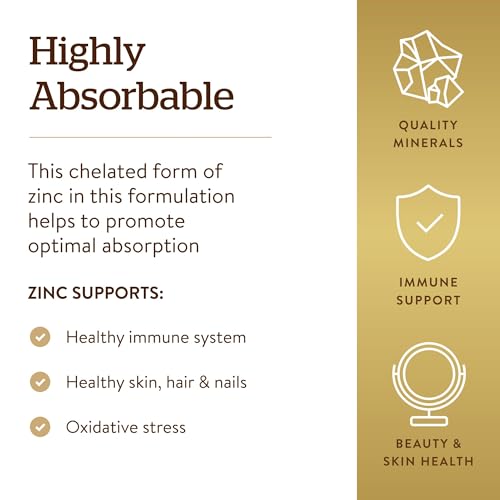 Solgar Chelated Zinc, 100 Tablets - Zinc for Healthy Skin - Supports Cell Growth & DNA Formation - Exerts Antioxidant Activity - Supports A Healthy Immune System - Non GMO, Gluten Free - 100 Servings