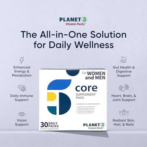 Planet 3 Vitamin Packs, Daily Vitamins for Immune, Energy, Heart & Vision Support | Multivitamins, Vitamin D, Probiotics, Omega 3, Methyl B12 | Core Supplements for Women and Men | 30 Daily Packs