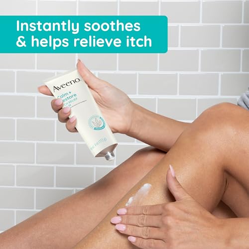 Aveeno Calm + Restore Itch Relief Body Balm for Sensitive, Delicate Skin, Pramoxine HCl Anti Itch Balm with Prebiotic Oat, Aloe & Pro-Vitamin B5 to Sooth Skin, Fragrance Free, 4 oz