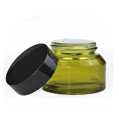 mollensiuer 4Pcs 50Ml/1.67Oz Olive Green Refillable Glass Cosmetic Jars Pot Bottles Case Empty Makeup Face Cream Lip Balm Storage Container with Black Lid and Liners