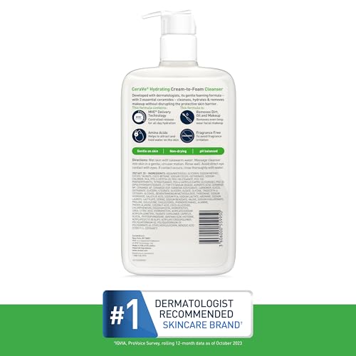 CeraVe Hydrating Cream To Foam Cleanser, Makeup Remover Face Wash For Dry Skin, Foaming Facial Cleanser With Hyaluronic Acid, Normal To Dry Skin, Fragrance Free & Non Comedogenic, 8 Fluid Ounces