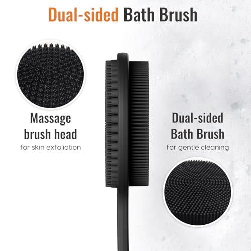 VWMYQ Silicone Back Scrubber for Shower, 17in Lengthen Long Handle Body Brush, Double Sided Shower Brush for Shower Exfoliating and Massage Can Produce Rich Foam, Long Handle Back Scrubber for Men