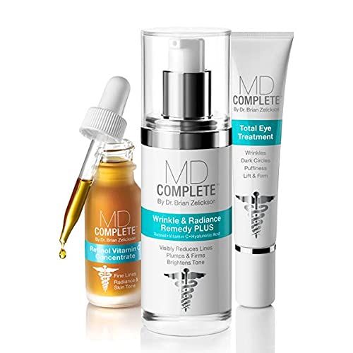 MD Complete Wrinkle & Radiance Trio|Professional Dermatologist Skincare Wrinkle Radiance Remedy with Retinol 1.0 fl oz + Total Eye Treatment 0.5 fl oz + Retinol Vitamin C Concentrate Serum 0.5 fl oz