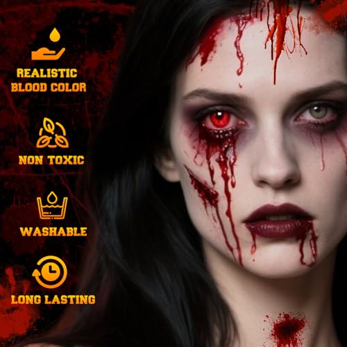 MEICOLY 5PCS Halloween Fake Blood Makeup Kit,Special Effects SFX Makeup for Zombie Vampire Monster Cosplay,2.1oz Fake Blood Spray+2.1oz Dripping Blood+Coagulated Blood+Cleansing Soap+Stipple Sponge