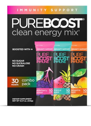 Pureboost Immune Clean Energy Booster, Refreshing Energy Drink Mix and Immunity Supplement with Elderberry, 1,200 mg Vitamin C, Vitamins A + D, and Zinc. Sugar-Free (Combo Pack, 30 Count)