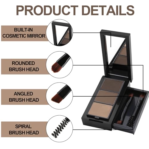 GEUUFEA 3 Colors Eyebrow Makeup Kit, Professional Brow Contour Palette, Waterproof Long-lasting Eyebrow Filler Powder with Mirror & Brow Brush