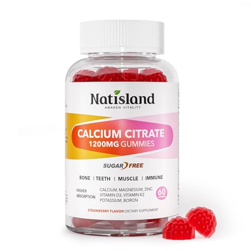 Calcium Citrate Gummies 1200 mg, Chewable Calcium Supplements for Women & Men with Vitamin D3, K2, Magnesium, Zinc, Potassium, Boron, Sugar-Free, Vegan, Immune & Bone Support, 60 Gummies