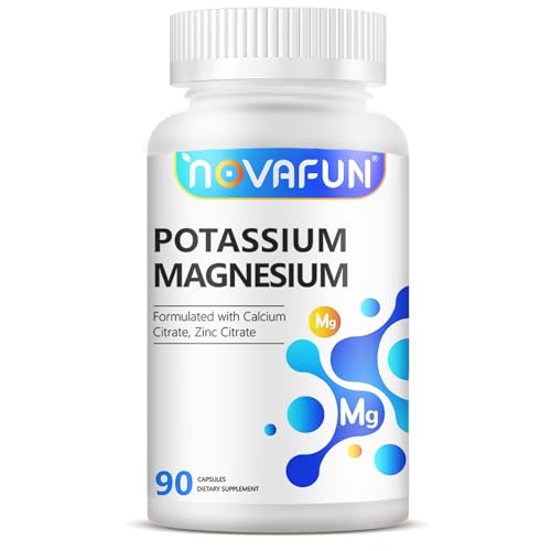 Novafun Potassium Magnesium Supplement 1185mg, High Potency Formula with Calcium Zinc, Bone & Muscle Health, Vegan, 90 Capsules