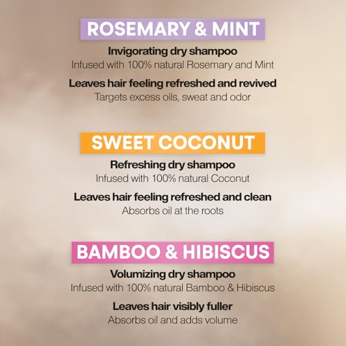 Suave Dry Shampoo Spray Variety 3-Pack – Invigorating Rosemary & Mint, Volumizing Bamboo & Hibiscus + Refreshing Sweet Coconut, 4.3 Oz Ea