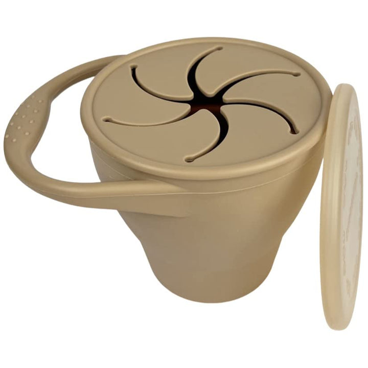 BraveJusticeKidsCo. | Snack Attack Cup | Collapsible Silicone Container | Toddler and Baby Catcher Lid (Warm Sand)