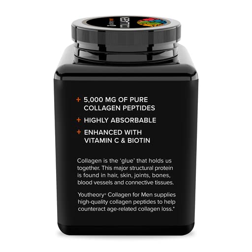 Youtheory Men's Collagen - 5,000 mg Collagen - Daily Collagen Supplements for Men - Hair & Skin Support* - Gluten, Soy & Dairy Free - 290 Tablets