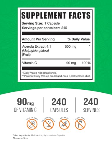 BulkSupplements.com Vitamin C from Acerola Cherry Capsules - Acerola Cherry Vitamin C Supplement - Gluten Free, 1 Capsule per Serving, 240 Veg Capsules (Pack of 1)